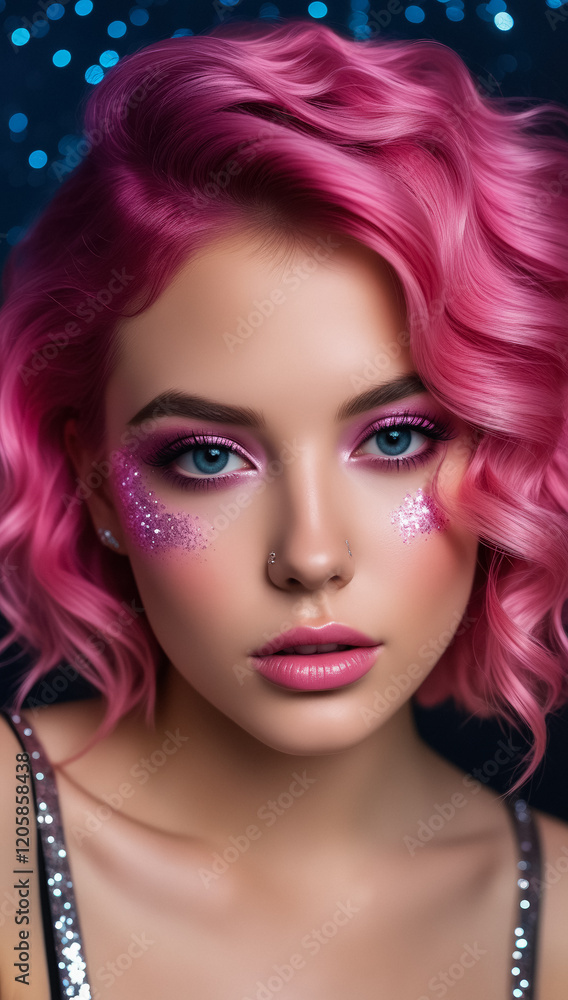 Fototapeta premium Close-up portrait of a woman with vivid pink hair, glitter makeup, and striking features, showcasing creative beauty.