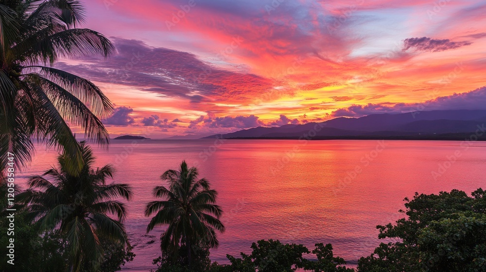 Obraz premium Vibrant tropical sunset over calm ocean, island backdrop, travel brochure