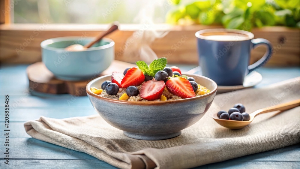 A Delicious and Healthy Breakfast Bowl Filled with Fresh Berries and Oatmeal, Served with a Warm Beverage on a Rustic Table A Delicious and Healthy Breakfast Bowl Filled with Fresh Berries and Oatmeal, Served with a Warm Beverage on a Rustic Table