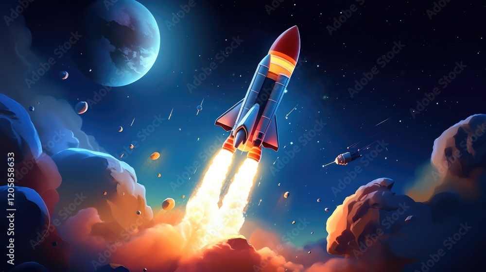 A colorful rocket launching into space with planets and clouds in the background. A colorful rocket launching into space with planets and clouds in the background.