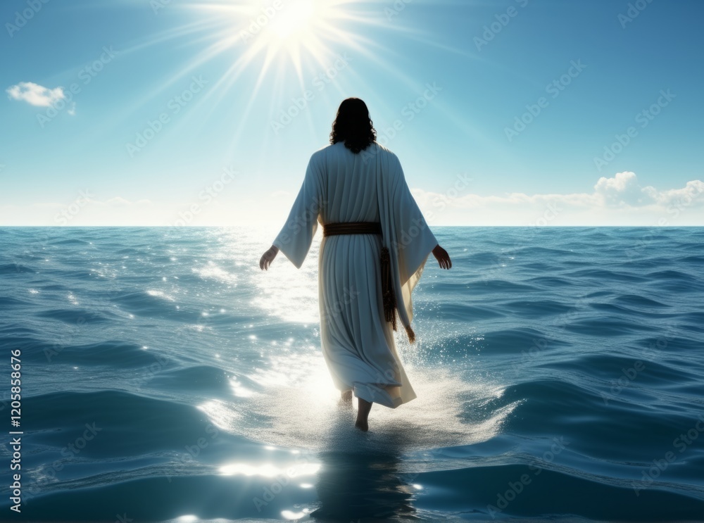 Figure walking on water against a radiant sky during daylight Figure walking on water against a radiant sky during daylight