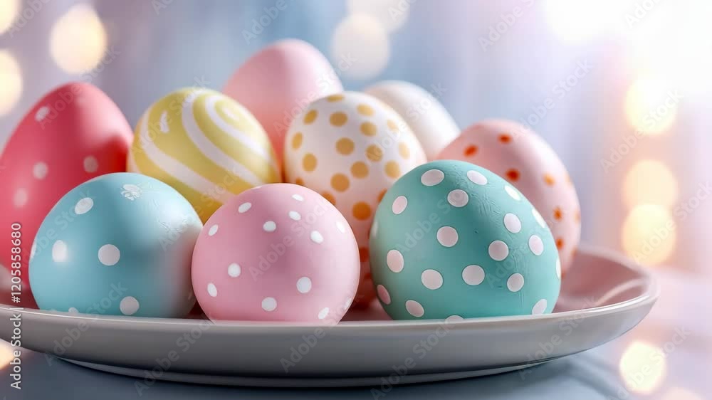 Colorful pastel easter eggs with polka dot patterns on a plate with soft bokeh background Colorful pastel easter eggs with polka dot patterns on a plate with soft bokeh background