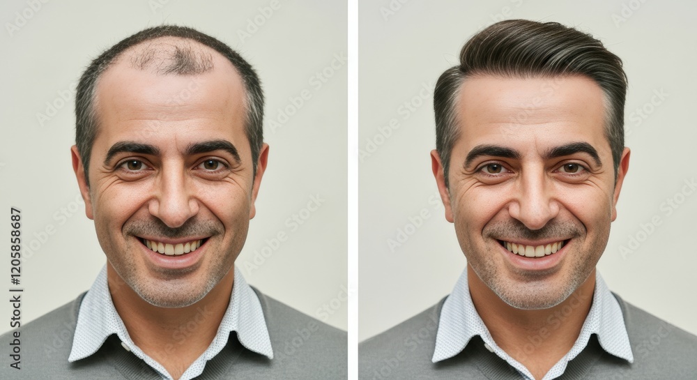 Hair restoration transformation for middle-aged caucasian male - before and after comparison