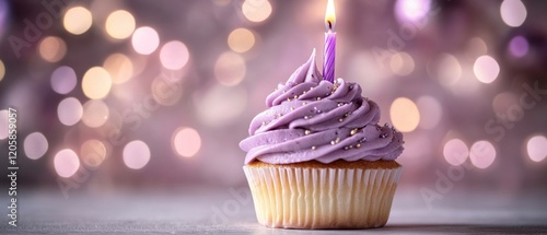 Purple Frosted Cupcake with Lit Candle