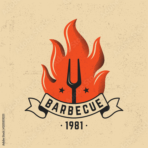 Barbecue logo template with fire, fork and banner. Vintage emblem design for BBQ restaurant, steak house, or grill party. Trendy retro style vector illustration.