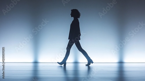 Silhouette of a Woman Walking: A stylish woman strides confidently, her silhouette sharply defined against a backdrop of cool blue light. The image evokes a sense of mystery and independence.  photo