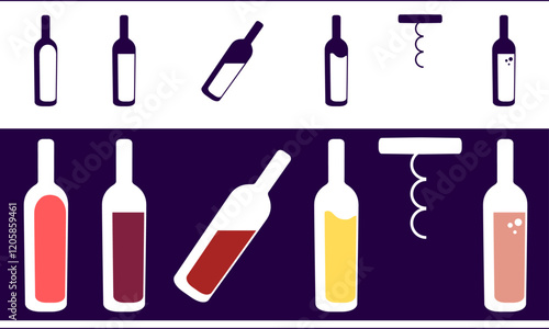 Icon set of wine bottles and corkscrew