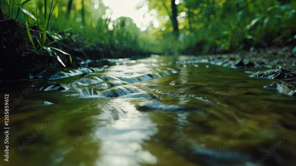Calm stream flowing through a lush green forest during late afternoon light in a natural setting Calm stream flowing through a lush green forest during late afternoon light in a natural setting