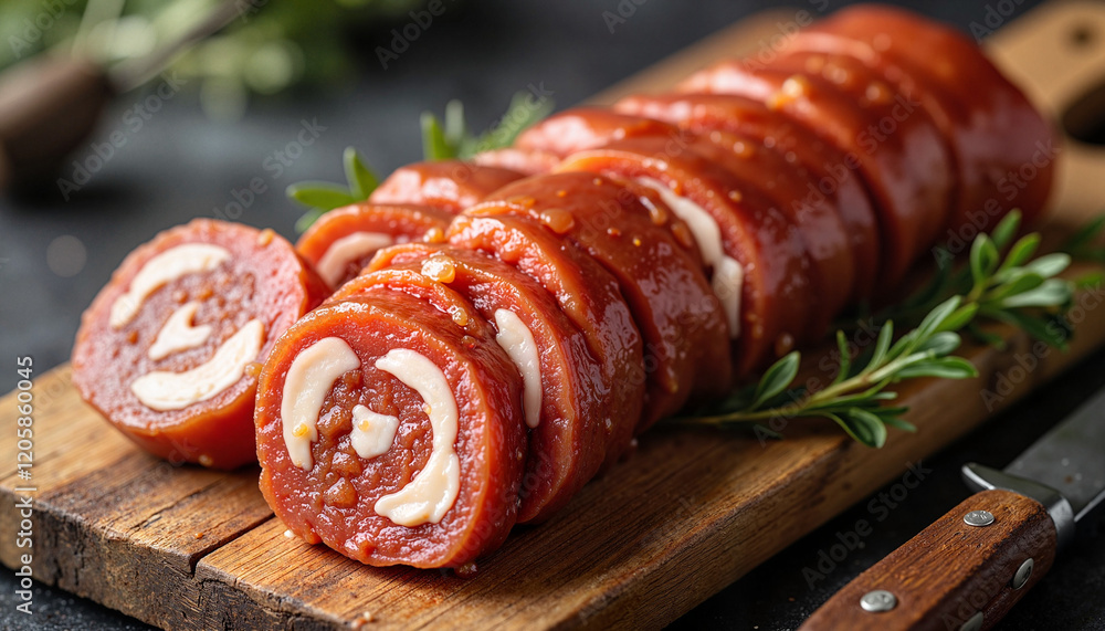Close-up of sliced Sucuk sausage on wooden board, culinary delight Close-up of sliced Sucuk sausage on wooden board, culinary delight