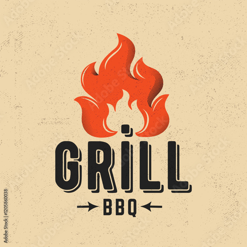 Vintage barbecue grill logo with a fire flame design and retro typography. Grill BBQ logo. Perfect for BBQ branding or food design projects. Vector illustration