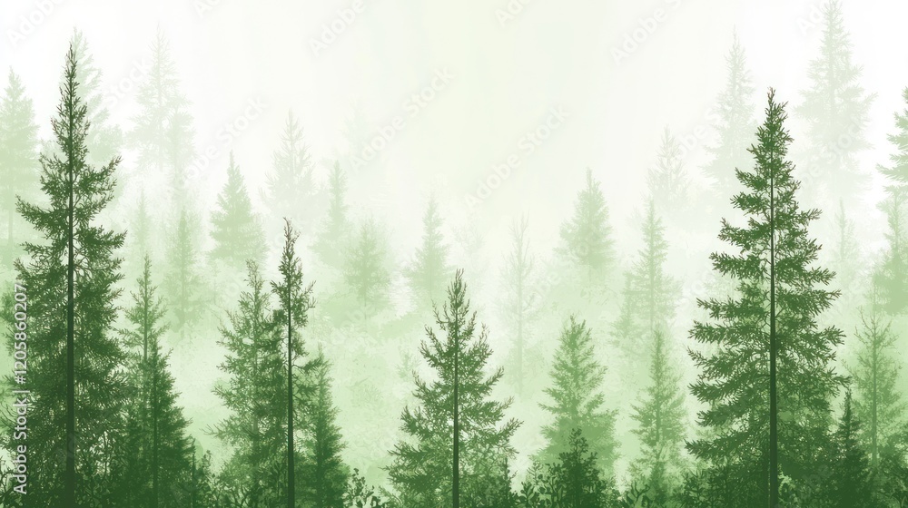Obraz premium Misty green forest panorama; peaceful nature background for eco design