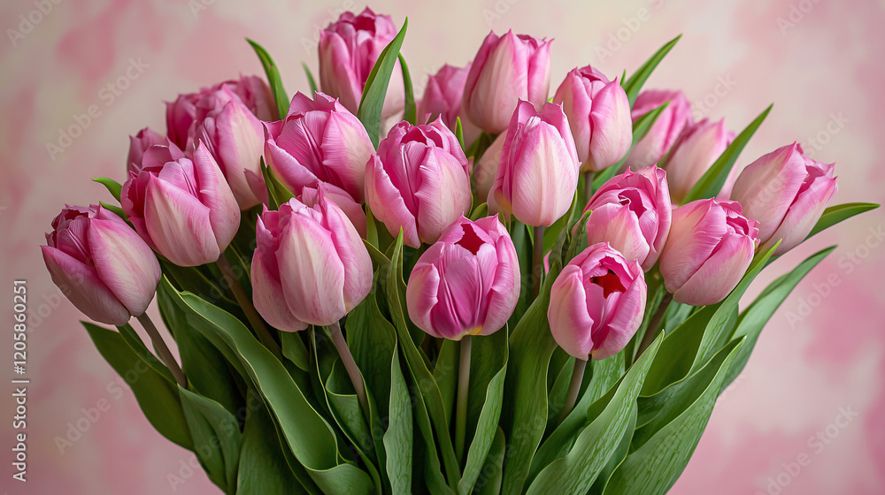 Obraz premium A bouquet of pink tulips on a soft pastel pink background, perfect for celebrating Valentine's Day or Mother's Day.
