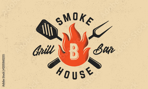Rustic smokehouse logo with fire flame, cooking tools and vintage typography. Design for barbecue brands, steakhouses, or grilling events. Vector illustration