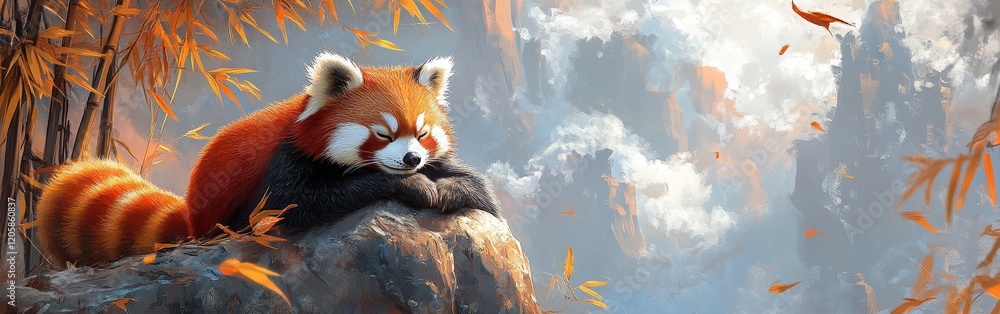 Fototapeta premium A playful red panda climbing bamboo, symbolizing conservation. Perfect for animal protection and environmental awareness.