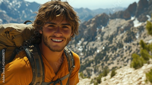 A young man in an orange t-shirt and backpack enjoys a hiking adventure in the mountains. Bright sunlight illuminates the rocky landscape and lush greenery around him photo