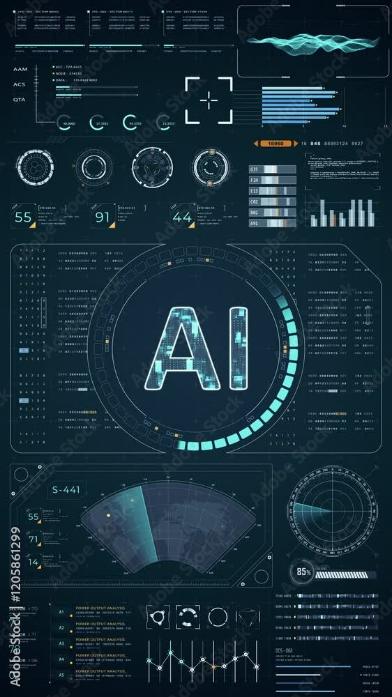 Motion graphic of Blue digital AI with head up display (HUD UI) panel and futuristic technology abstract background artificial intelligence and robot assistant machine learning vertical video concepts Motion graphic of Blue digital AI with head up display (HUD UI) panel and futuristic technology abstract background artificial intelligence and robot assistant machine learning vertical video concepts