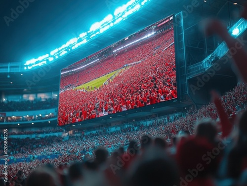 Enthusiastic Crowd at Night Stadium Event with a Giant Screen Displaying the Game