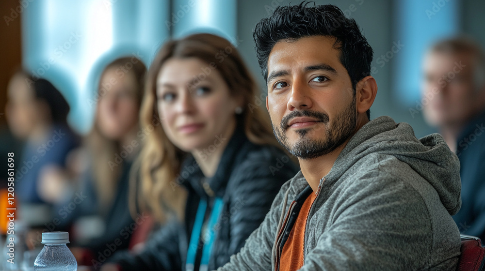 Obraz premium Engaging discussion among diverse participants in a modern conference setting