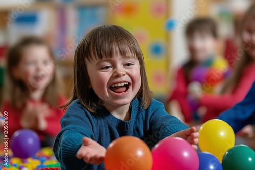 A joyful child celebrates World Down Syndrome Day with colorful balloons and confetti, surrounded by friends, embodying happiness and inclusion.