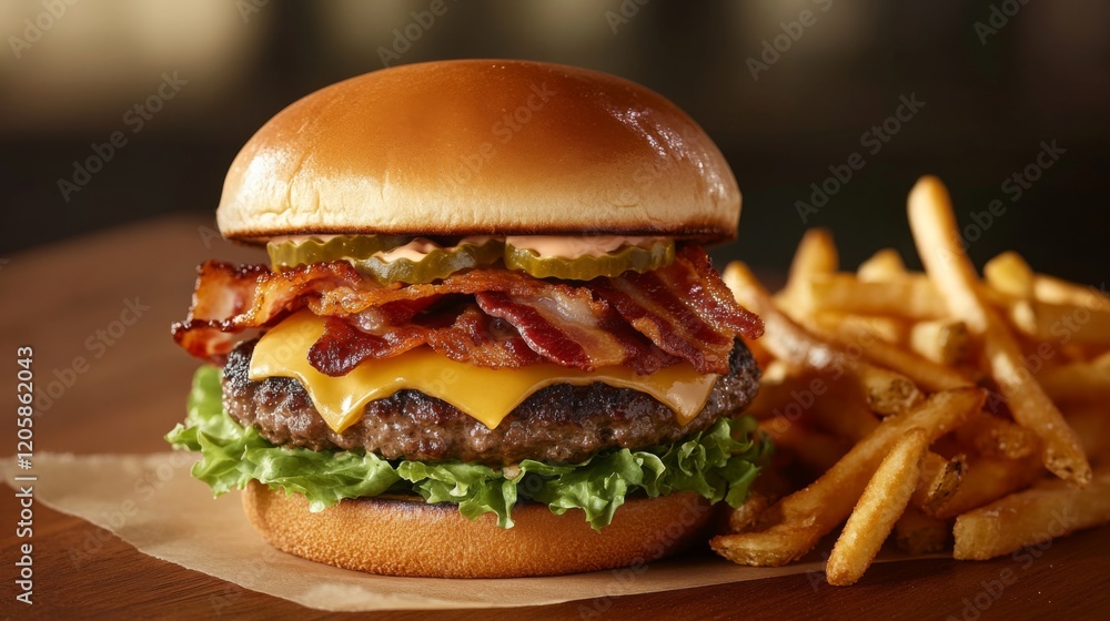 Gourmet Burger Delight, close up of a juicy burger topped with melted cheese and crispy bacon, accompanied by golden fries, inviting and appetizing scene Gourmet Burger Delight, close up of a juicy burger topped with melted cheese and crispy bacon, accompanied by golden fries, inviting and appetizing scene