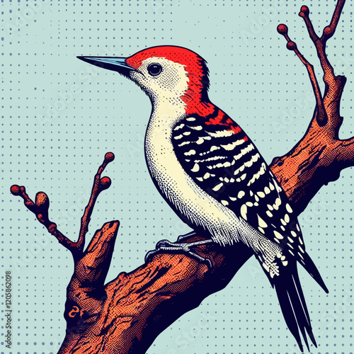 Red Bellied Woodpecker bird on a branch in pop art style, colorful vector illustration