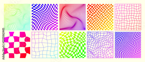 Groovy checkered pattern, neon distorted tiled grid. Vintage wavy curved backdrop, distortion effect. Funky geometric chessboard texture, retro background in 90s style, y2k. Vector illustration