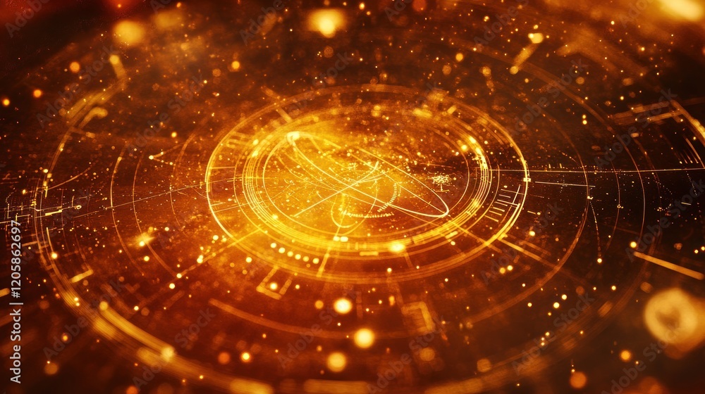 Fototapeta premium Golden cosmic HUD interface design, digital space, glowing particles, future tech, website background