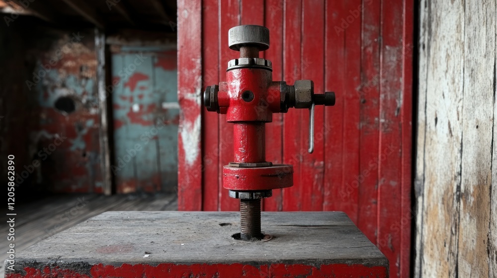 Red industrial valve, weathered wood backdrop, abandoned building, machinery detail Red industrial valve, weathered wood backdrop, abandoned building, machinery detail