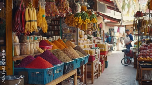 Fototapeta Naklejka Na Ścianę i Meble -  Vibrant spice market stall, Mexico, colorful herbs, bustling alleyway, food photography