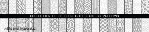 Vector set of 36 grey geometric linear patterns. Collection of seamless modern hexagonal textures for your design.