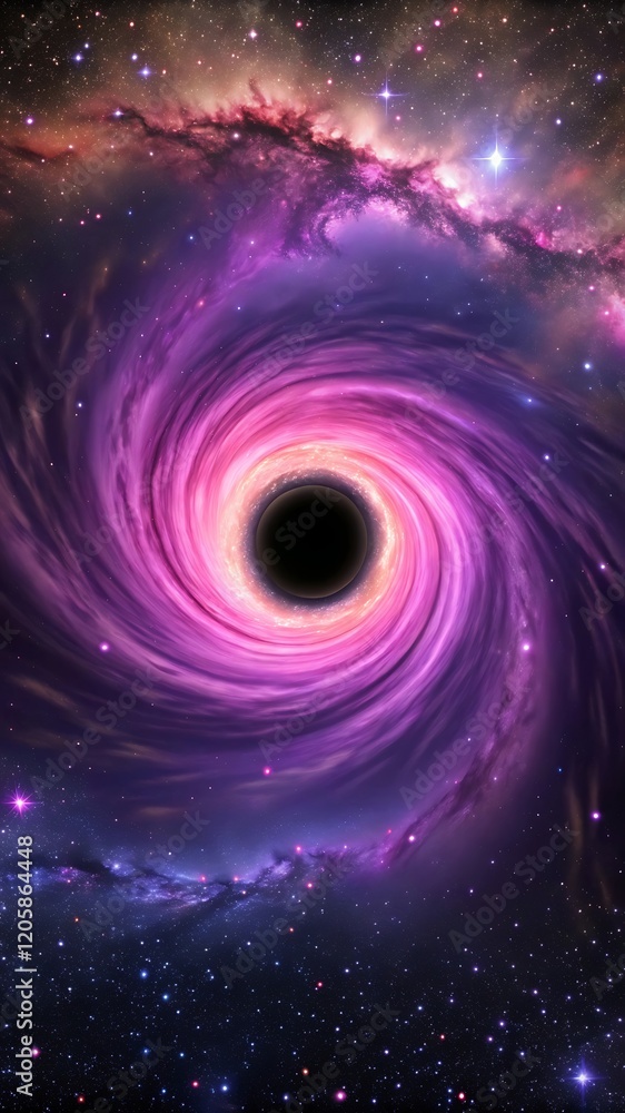 Obraz premium Space, black hole, cosmic vortex, swirling nebula, vibrant purple and pink colors, starry background 