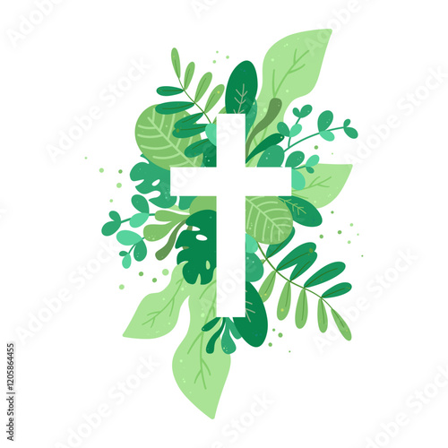 Tropical Botanical Greenery and Cross. Easter Cross. Holy Spirit. Religious. Christian Cross and Green Leaves for Church, Calendars, Holiday Cards, Baptism, Christening Invitation. Catholic Religious 