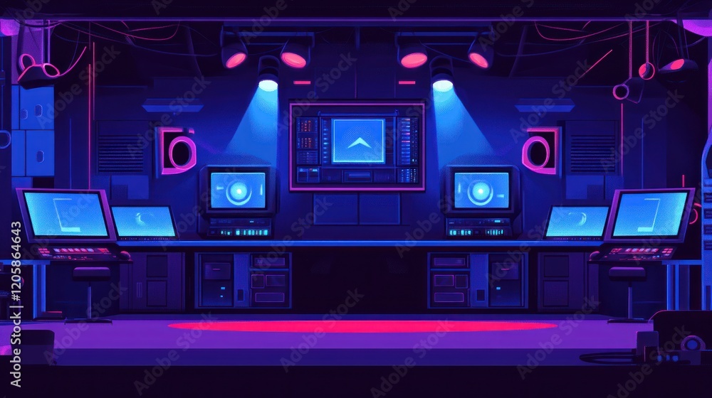 Fototapeta premium Control room, digital broadcast, stage, spotlights, monitors, nighttime, production