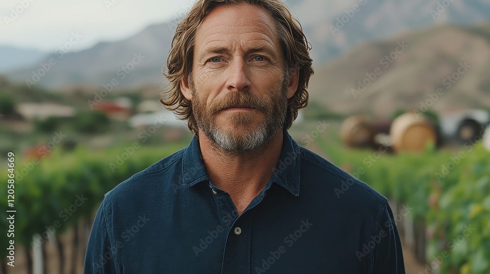 A man with a beard stands confidently among rows of grapevines in a vineyard. The backdrop features rolling mountains under clear blue skies, highlighting the serene atmosphere A man with a beard stands confidently among rows of grapevines in a vineyard. The backdrop features rolling mountains under clear blue skies, highlighting the serene atmosphere