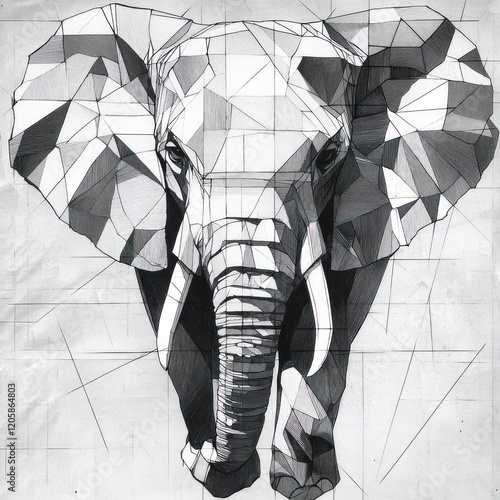 Geometric elephant portrait, wildlife art, textured background, poster design