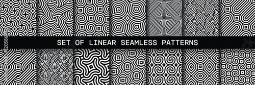 Vector set of geometric spiraling patterns. Collection of seamless modern curly linear textures for your design.