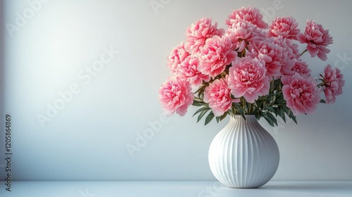Pink peonies in a white vase against a light grey wall.