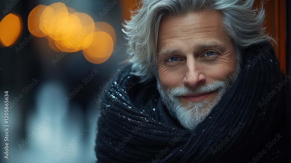 An older man with a full white beard and hair smiles warmly while wrapped in a thick black scarf. The backdrop reveals blurred street lights, creating a cozy winter atmosphere An older man with a full white beard and hair smiles warmly while wrapped in a thick black scarf. The backdrop reveals blurred street lights, creating a cozy winter atmosphere