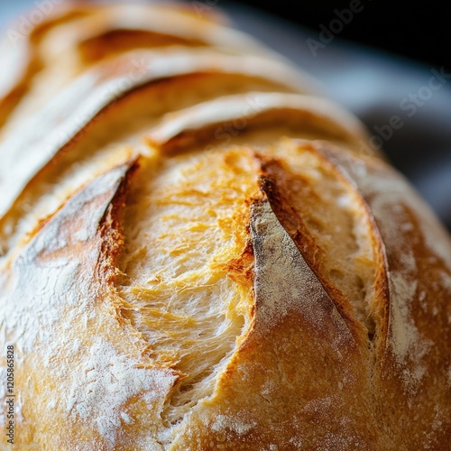 Crusty artisan loaf, kitchen setting, baking, flour, close-up photo