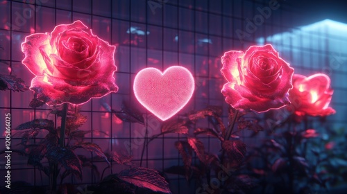 Neon Pink Roses and Heart for Valentine's Day Card Design