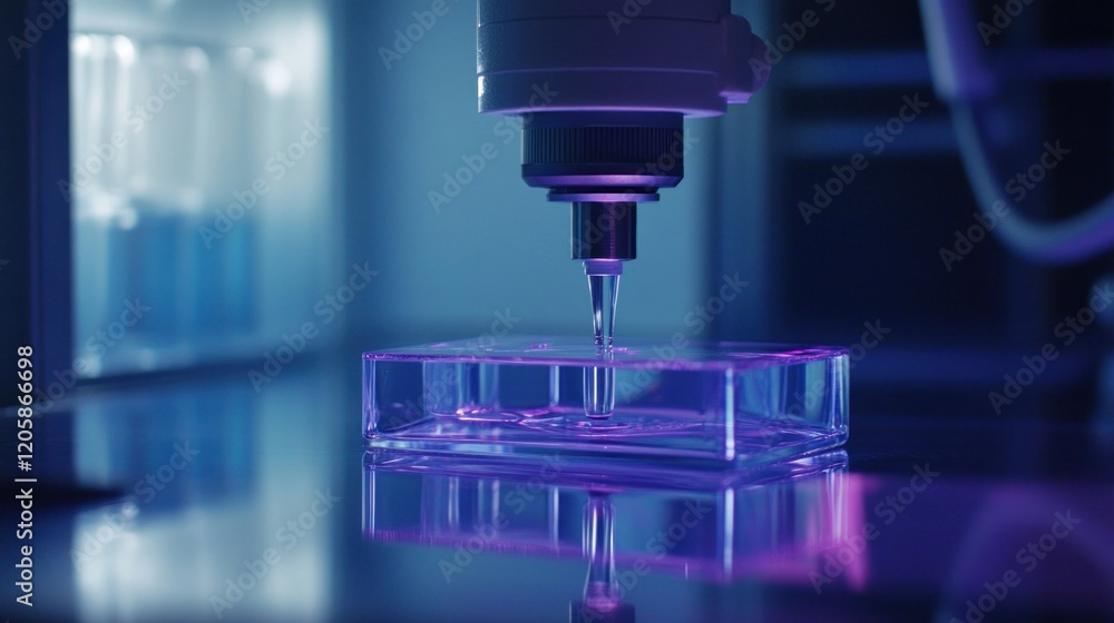 Robotic lab machine dispensing fluid into sample tray, research background Robotic lab machine dispensing fluid into sample tray, research background