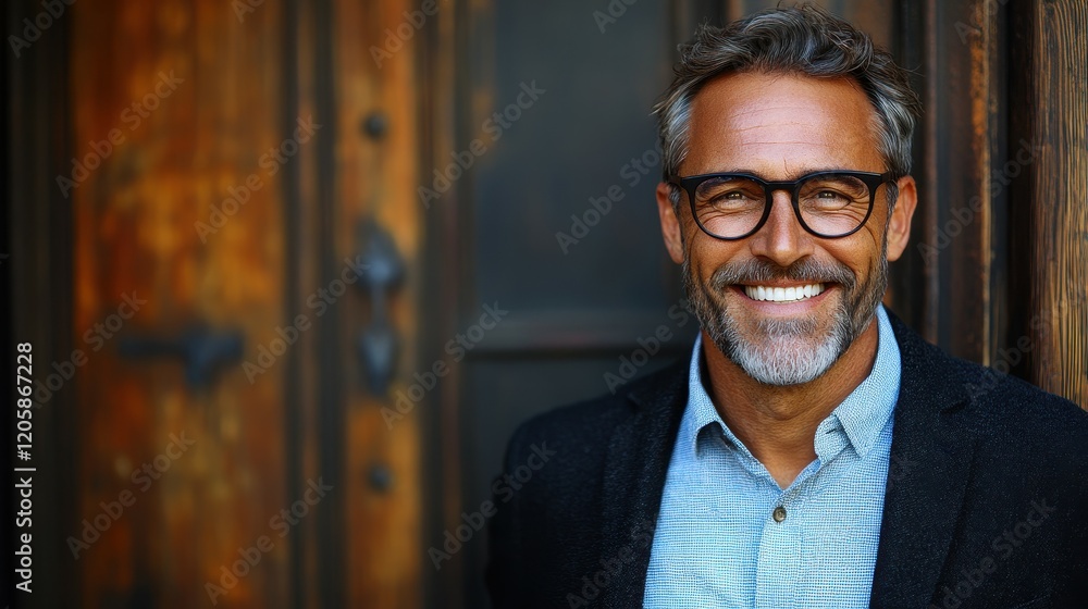 A well-dressed man with glasses stands by an ornate wooden door, smiling brightly. His stylish appearance contrasts with the vintage background, creating an engaging atmosphere A well-dressed man with glasses stands by an ornate wooden door, smiling brightly. His stylish appearance contrasts with the vintage background, creating an engaging atmosphere