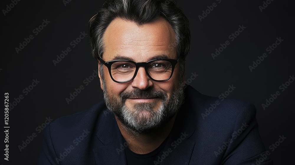 A confident man with a beard and glasses smiles warmly in a dimly lit studio. His outfit is casual yet professional, creating a relaxed atmosphere suitable for a portrait A confident man with a beard and glasses smiles warmly in a dimly lit studio. His outfit is casual yet professional, creating a relaxed atmosphere suitable for a portrait
