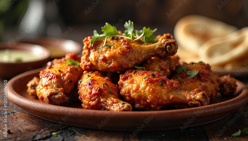 Delicious Tandoori chicken with spices on clay plate, savory feast Delicious Tandoori chicken with spices on clay plate, savory feast