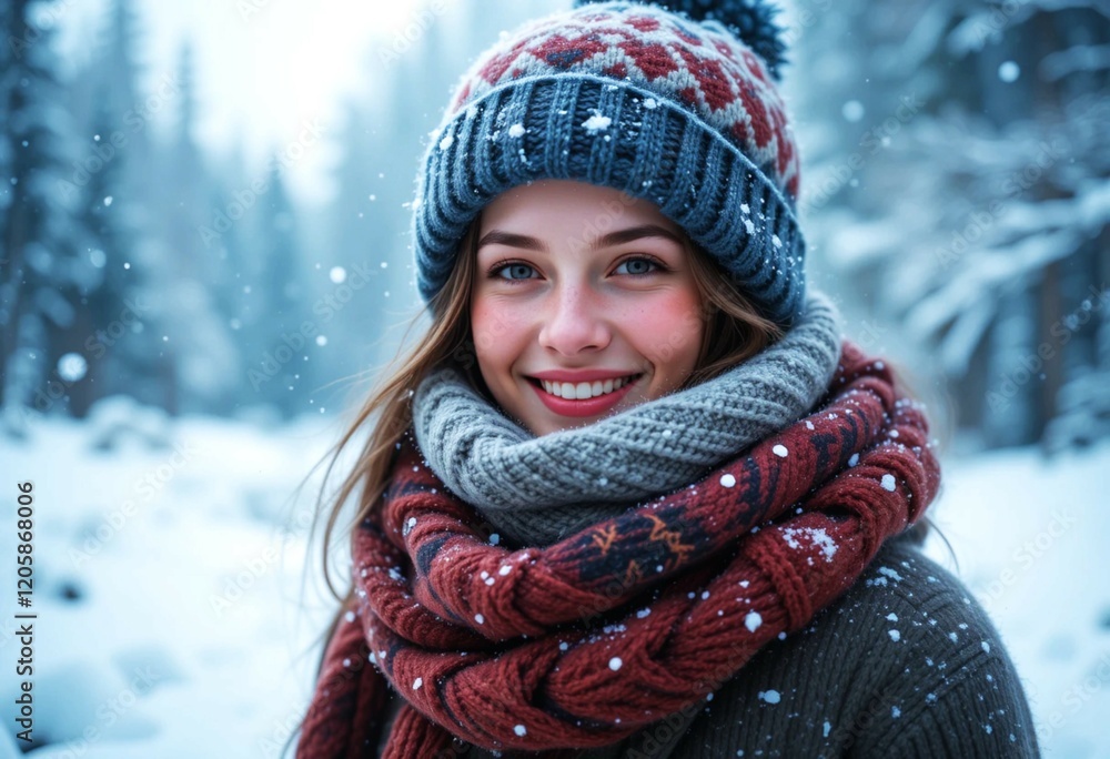 Snowy Bliss: A Cheerful Woman Wrapped in Winter Layers, Radiating Joy Against a Frozen Landscape Snowy Bliss: A Cheerful Woman Wrapped in Winter Layers, Radiating Joy Against a Frozen Landscape