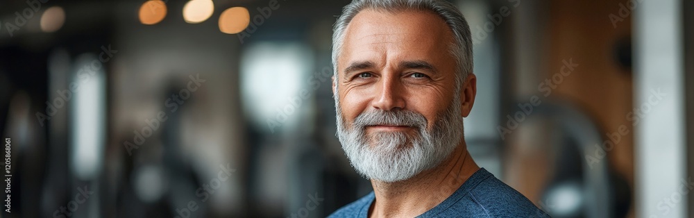 A smiling older man with a beard in a gym, promoting wellness and active living. Great for health and fitness campaigns targeting older audiences. A smiling older man with a beard in a gym, promoting wellness and active living. Great for health and fitness campaigns targeting older audiences.