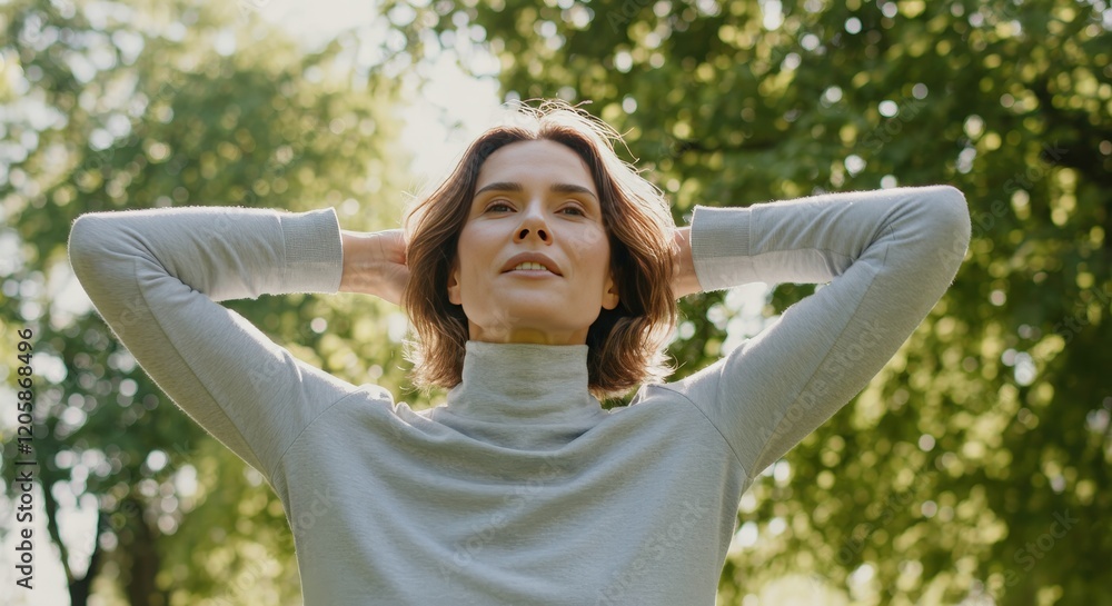 Relaxed caucasian female in park embracing nature's serenity Relaxed caucasian female in park embracing nature's serenity