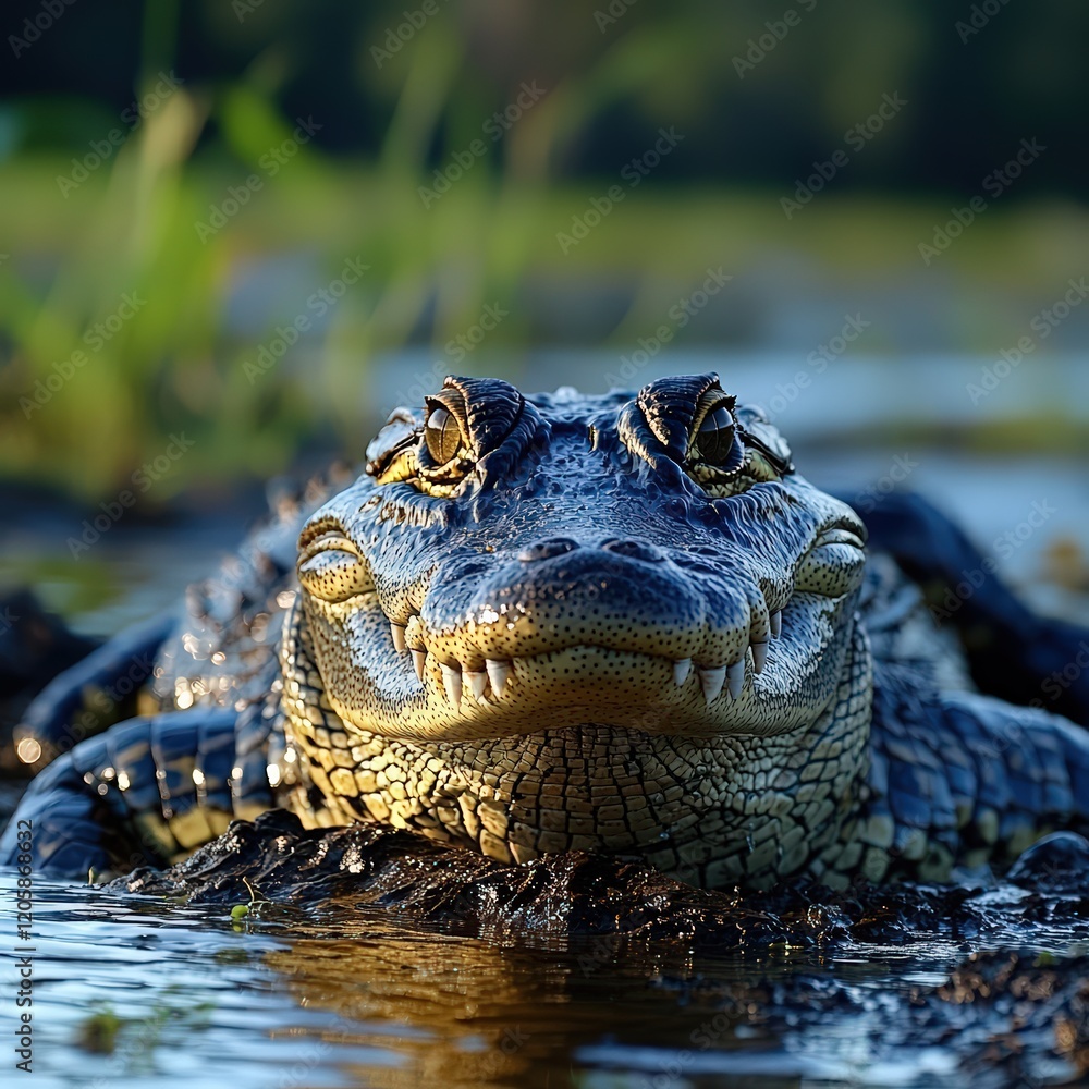 Fototapeta premium Close-up of a crocodile basking on a riverbank