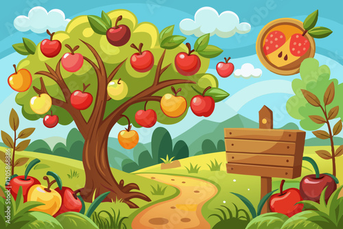  Colorful Cartoon Orchard with Apple Trees and Harvest Scene