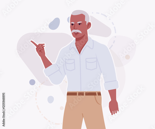 Handsome active senior mature man, elder businessman finger point pose. Old experienced male, grey hair, moustache, older business owner. Vector flat style cartoon illustration, creative background